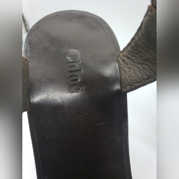 172- Chloe Gray Leather Brown Wood Clog Heels Open Toe Strappy Size 40EU 9.5 US - Picture 5 of 10